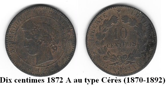 Dix centimes Cérès 1872 Gouvernement de défense nationale et IIIème république