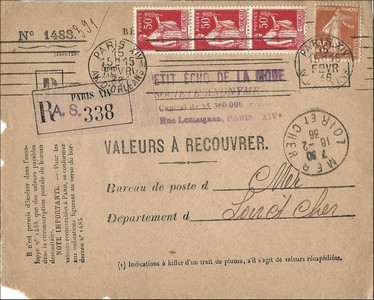 Valeur à recouvrer 15 01 1936, Loir-et-Cher.