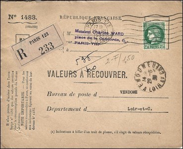 Valeur à recouvrer le 28 05 1939, Loir-et-cher.