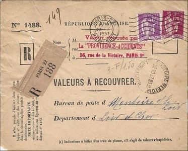 Valeur à recouvrer 23  10 1937, Loir-et-Cher.