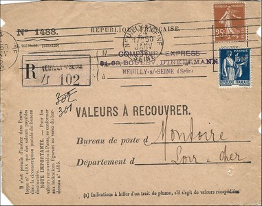 Valeur à recouvrer 24 01 1936, Loir-et-Cher.