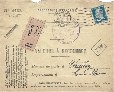 Valeur à recouvrer 25 11 1932, Loir-et-Cher.