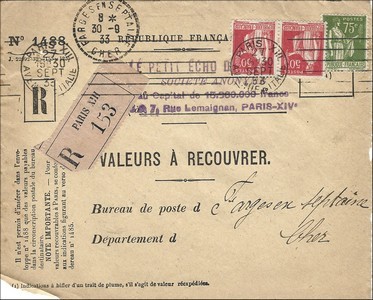 Valeur à recouvrer 30 09 1933, Cher.